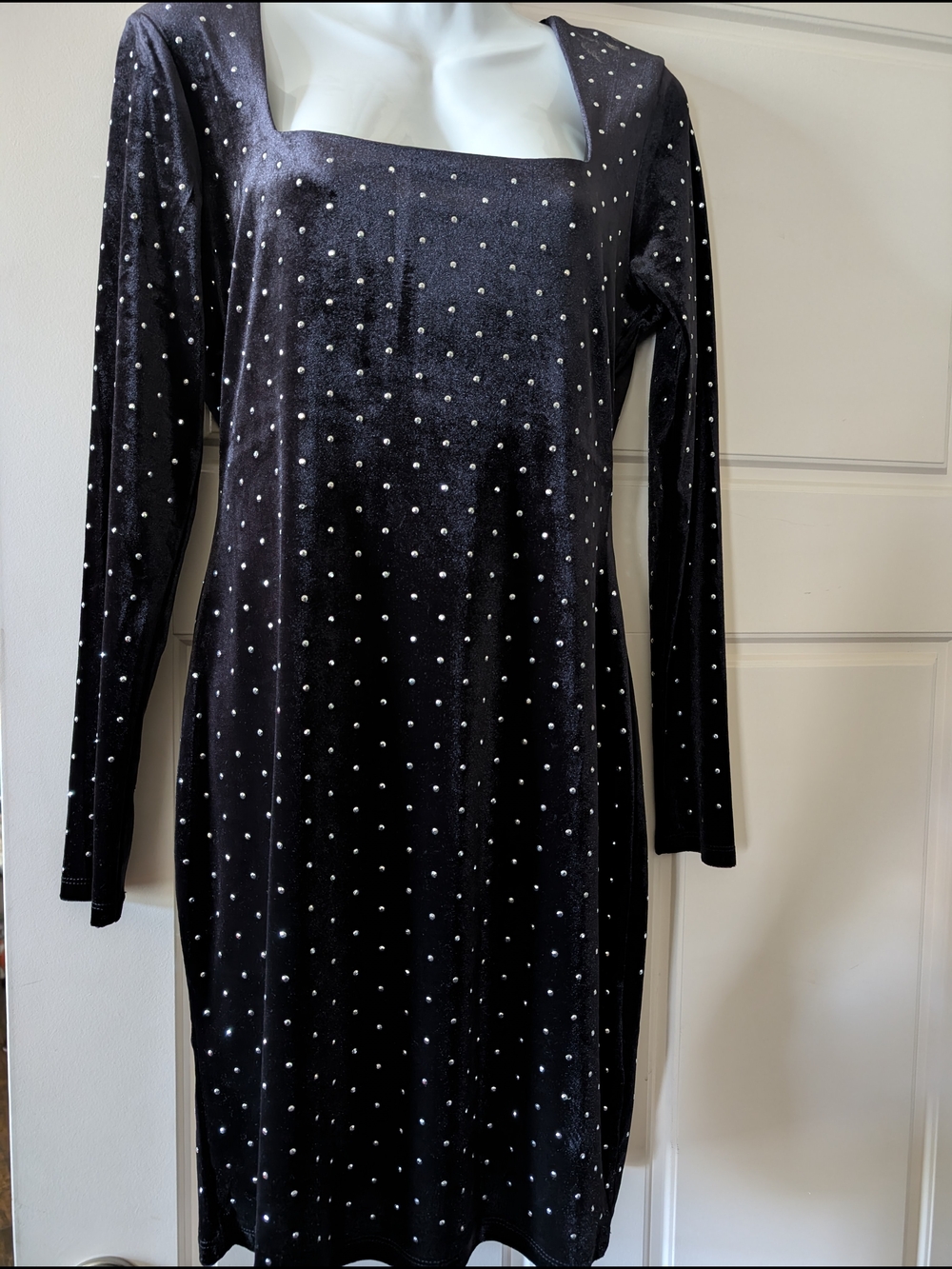 Black Velvet Long-Sleeve Dress with Silver Studs